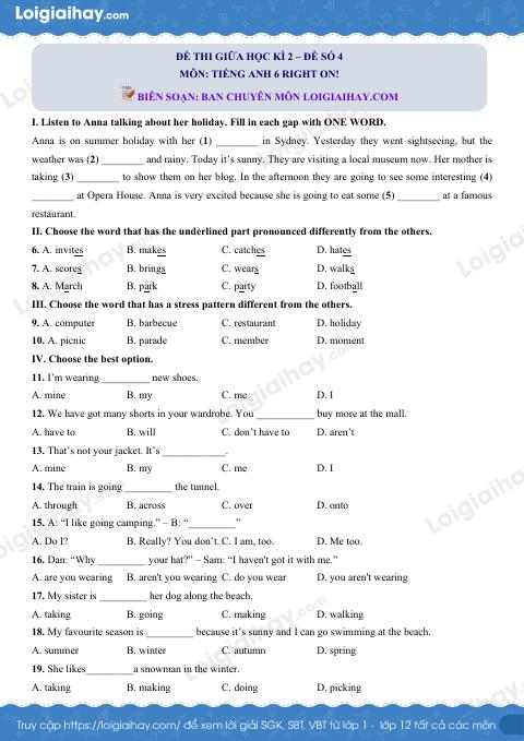 Đề thi giữa kì 2 Tiếng Anh 6 Right on! - Đề số 4